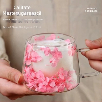 Sticlă dublă cu flori reale, cu mâner, ceașcă de cafea, sticlă borosilicată, ceașcă simplă, sticlă cu flori uscate încorporată