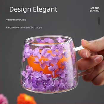 Sticlă dublă cu flori reale, cu mâner, ceașcă de cafea, sticlă borosilicată, ceașcă simplă, sticlă cu flori uscate încorporată