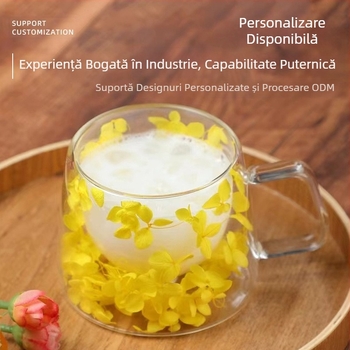 Sticlă dublă cu flori reale, cu mâner, ceașcă de cafea, sticlă borosilicată, ceașcă simplă, sticlă cu flori uscate încorporată