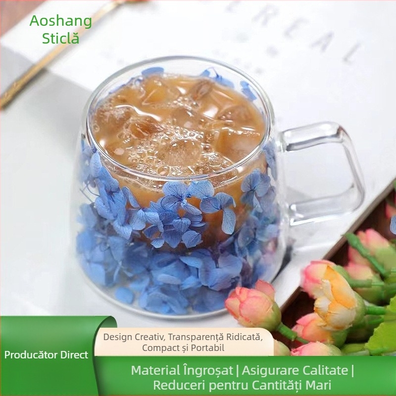 Sticlă dublă cu flori reale, cu mâner, ceașcă de cafea, sticlă borosilicată, ceașcă simplă, sticlă cu flori uscate încorporată