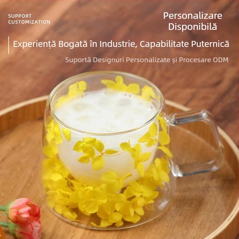 Sticlă dublă cu flori reale, cu mâner, ceașcă de cafea, sticlă borosilicată, ceașcă simplă, sticlă cu flori uscate încorporată