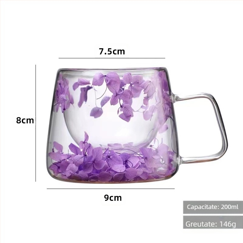 Sticlă dublă cu flori reale, cu mâner, ceașcă de cafea, sticlă borosilicată, ceașcă simplă, sticlă cu flori uscate încorporată
