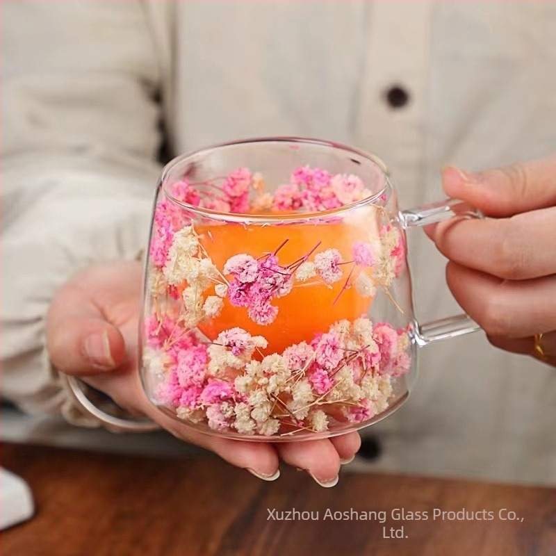 Sticlă dublă cu flori reale, cu mâner, ceașcă de cafea, sticlă borosilicată, ceașcă simplă, sticlă cu flori uscate încorporată