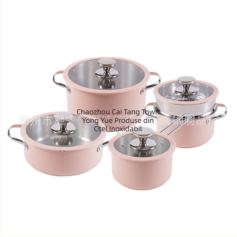 Oală din oțel inoxidabil 304, ceramică, vopsea siliconică, capac de sticlă, oală pentru supă, fund compus, oală pentru lapte, abur, oală coreeană pentru fructe de mare, oală fierbinte