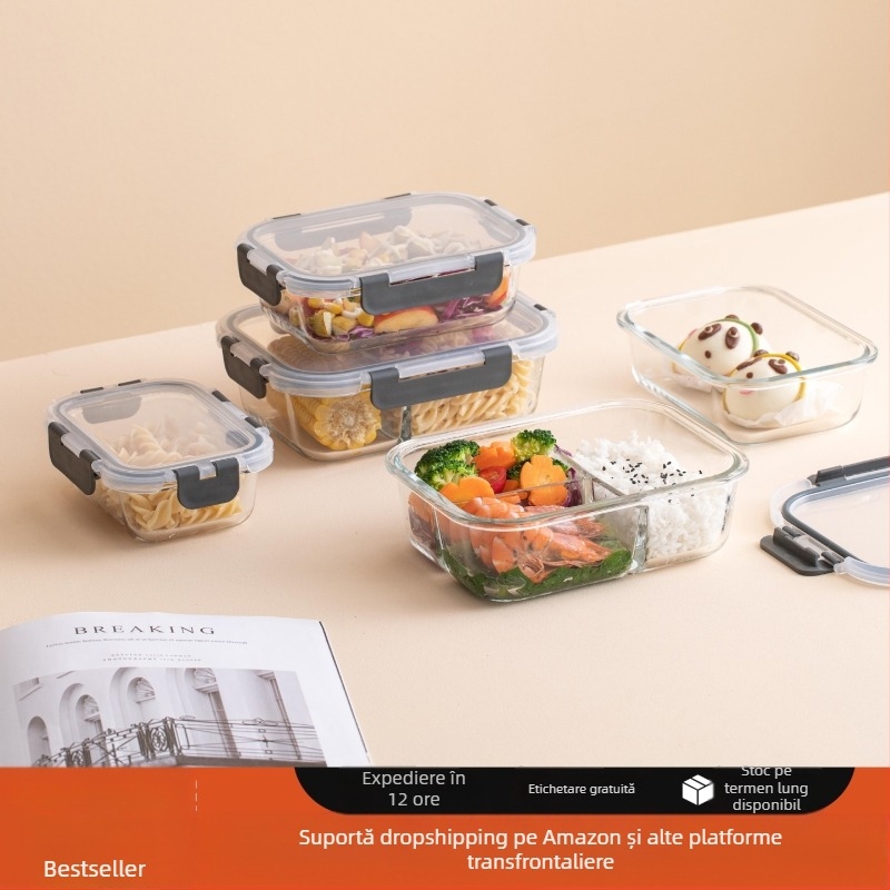 Cutie de prânz din sticlă transfrontalieră, potrivită pentru cuptorul cu microunde, mașina de spălat vase, angajații de birou, cu bol special pentru păstrarea orezului proaspăt, frigider