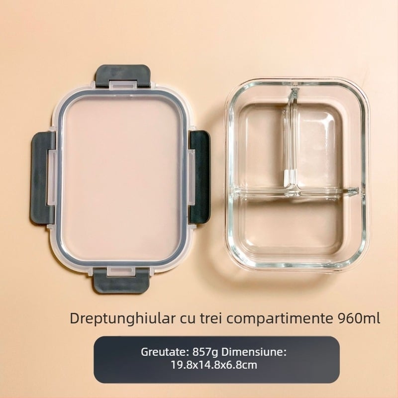 Cutie de prânz din sticlă transfrontalieră, potrivită pentru cuptorul cu microunde, mașina de spălat vase, angajații de birou, cu bol special pentru păstrarea orezului proaspăt, frigider