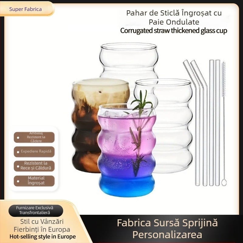 Set de sticlă anti-cădere transfrontalieră, rezistent la temperaturi ridicate, pentru uz casnic, cu lapte, cafea, ceașcă, paie ondulată, îngroșată