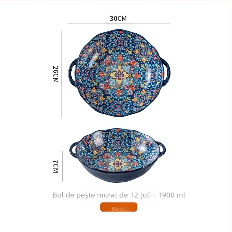 Bol mare de supă cu două urechi, bol special pentru felii de carne fiartă, pentru uz casnic, pentru pește murat, de uz casnic