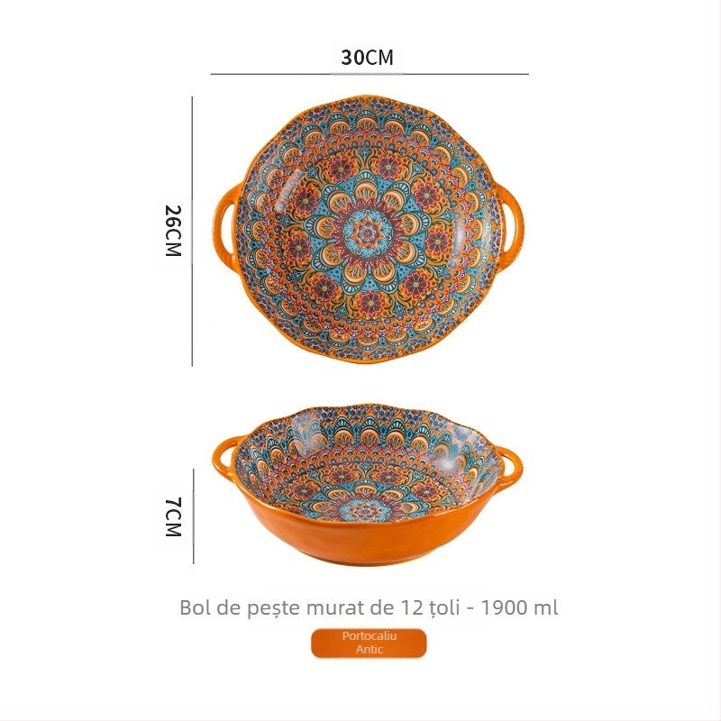 Bol mare de supă cu două urechi, bol special pentru felii de carne fiartă, pentru uz casnic, pentru pește murat, de uz casnic