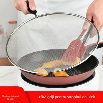 Plasă rezistentă la ulei cu mâner, capac de ulei antiexplozie, capac de filtru rezistent la ulei, pentru prăjit fără a răni mâinile, pentru friteuză rezistentă la zgură