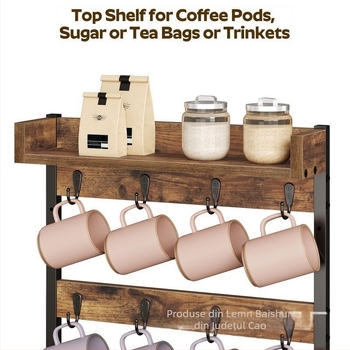 Suport pentru pahare din lemn masiv, montat pe perete, pentru ceașcă de cafea, raft de depozitare multistrat, stil rustic din lemn, raft de depozitare pentru cani, raft de scurgere