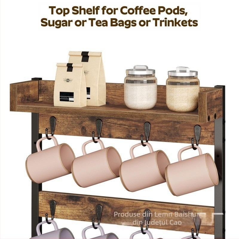 Suport pentru pahare din lemn masiv, montat pe perete, pentru ceașcă de cafea, raft de depozitare multistrat, stil rustic din lemn, raft de depozitare pentru cani, raft de scurgere