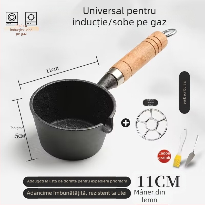 Internet Celebrity Ulei Fierbinte Tigaie Mică Mâner Din Lemn Stropire De Ulei Artefact Din Fontă Mini Tigaie Mică Din Fier Tigaie De Uz Casnic Prăjit Ou Tigaie Mică Pentru Ulei Fierbinte