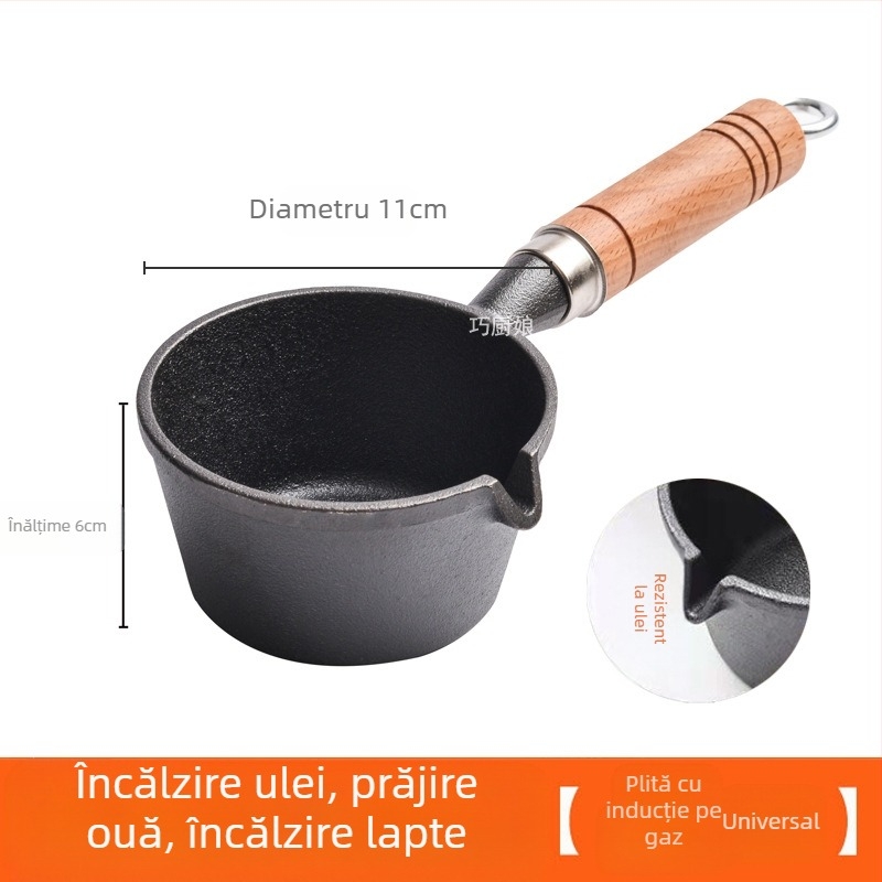 Internet Celebrity Ulei Fierbinte Tigaie Mică Mâner Din Lemn Stropire De Ulei Artefact Din Fontă Mini Tigaie Mică Din Fier Tigaie De Uz Casnic Prăjit Ou Tigaie Mică Pentru Ulei Fierbinte