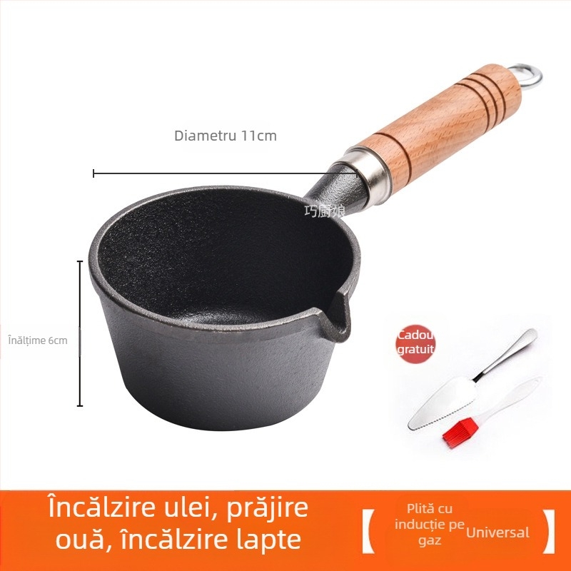 Internet Celebrity Ulei Fierbinte Tigaie Mică Mâner Din Lemn Stropire De Ulei Artefact Din Fontă Mini Tigaie Mică Din Fier Tigaie De Uz Casnic Prăjit Ou Tigaie Mică Pentru Ulei Fierbinte