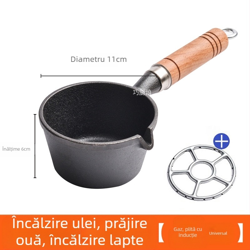 Internet Celebrity Ulei Fierbinte Tigaie Mică Mâner Din Lemn Stropire De Ulei Artefact Din Fontă Mini Tigaie Mică Din Fier Tigaie De Uz Casnic Prăjit Ou Tigaie Mică Pentru Ulei Fierbinte