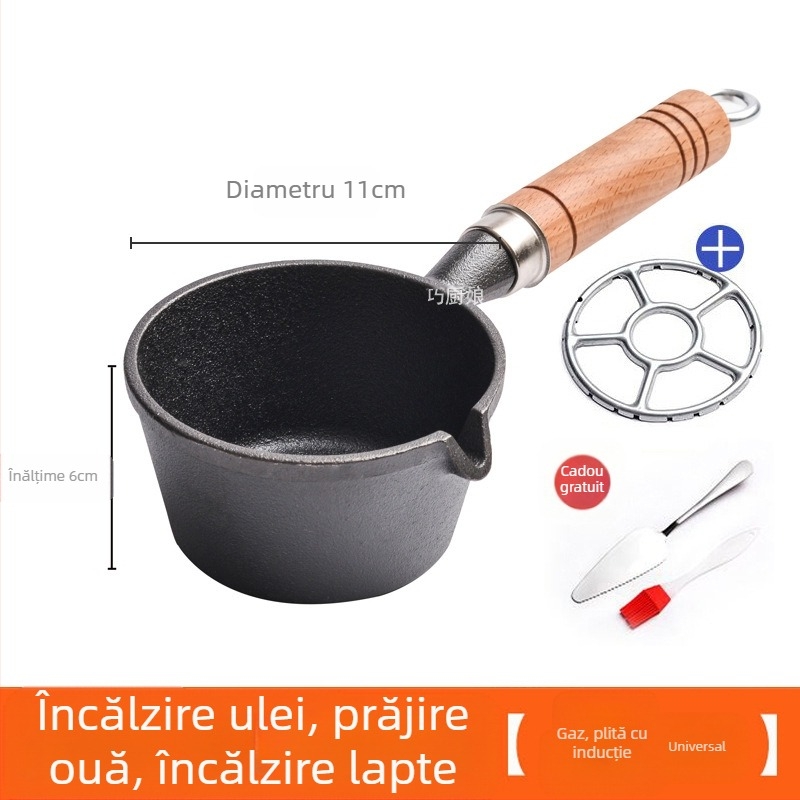 Internet Celebrity Ulei Fierbinte Tigaie Mică Mâner Din Lemn Stropire De Ulei Artefact Din Fontă Mini Tigaie Mică Din Fier Tigaie De Uz Casnic Prăjit Ou Tigaie Mică Pentru Ulei Fierbinte