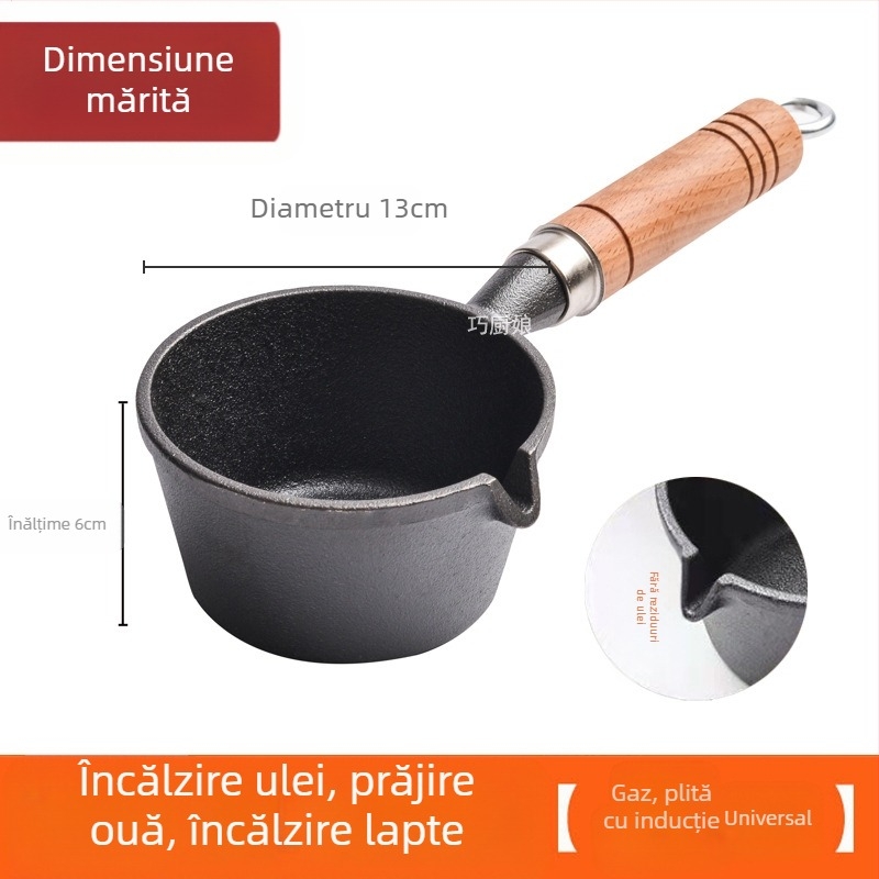 Internet Celebrity Ulei Fierbinte Tigaie Mică Mâner Din Lemn Stropire De Ulei Artefact Din Fontă Mini Tigaie Mică Din Fier Tigaie De Uz Casnic Prăjit Ou Tigaie Mică Pentru Ulei Fierbinte
