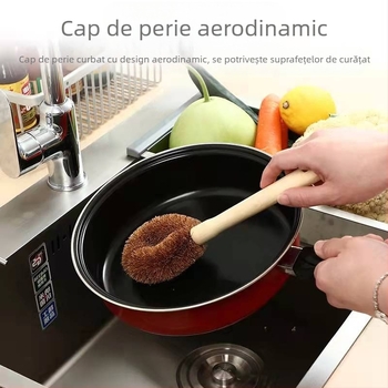 Perie de bucătărie din lemn de cocos natural, cu mâner din lemn, ulei antiaderent, perie de bucătărie din lemn pentru ghiveci, perie pentru ghiveci, perie pentru ghiveci cu mâner lung