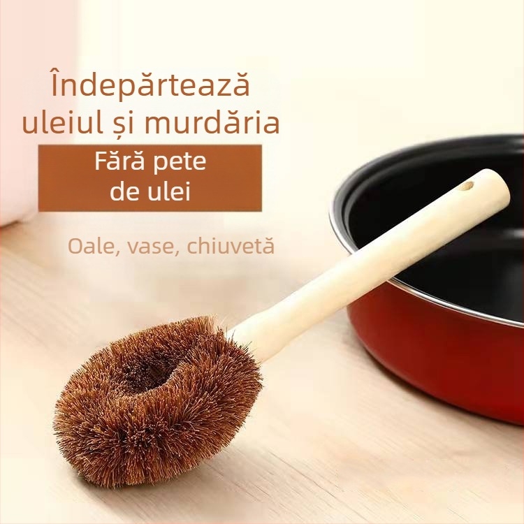 Perie de bucătărie din lemn de cocos natural, cu mâner din lemn, ulei antiaderent, perie de bucătărie din lemn pentru ghiveci, perie pentru ghiveci, perie pentru ghiveci cu mâner lung
