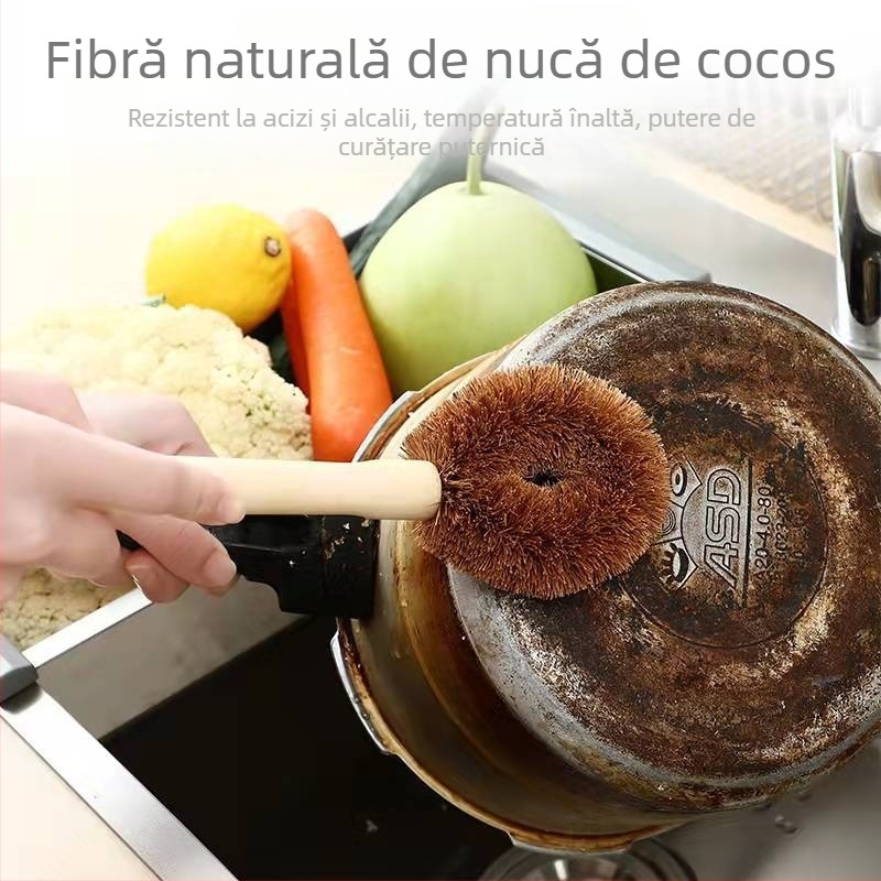 Perie de bucătărie din lemn de cocos natural, cu mâner din lemn, ulei antiaderent, perie de bucătărie din lemn pentru ghiveci, perie pentru ghiveci, perie pentru ghiveci cu mâner lung