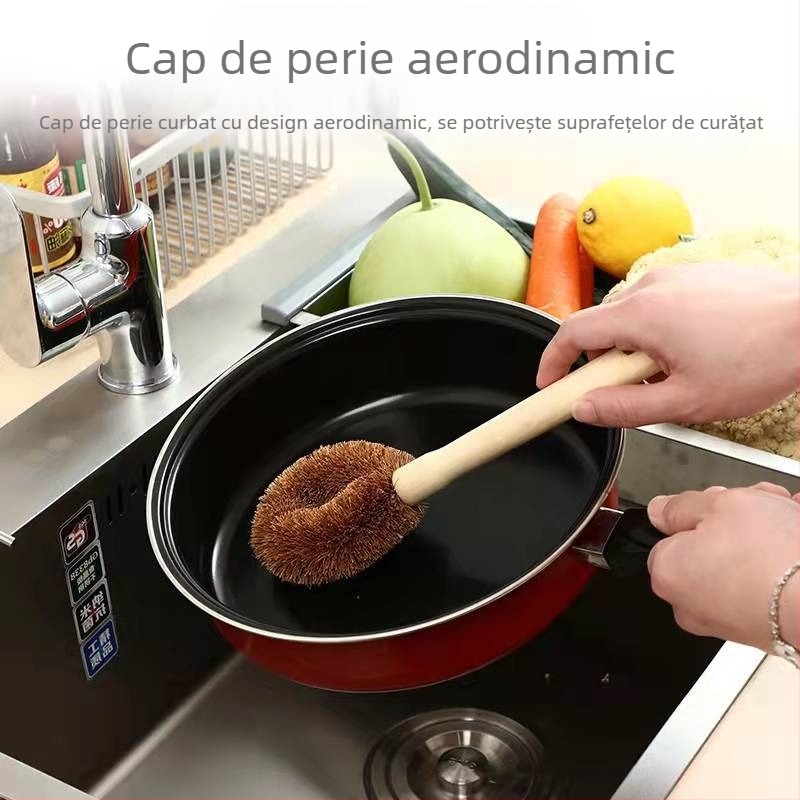 Perie de bucătărie din lemn de cocos natural, cu mâner din lemn, ulei antiaderent, perie de bucătărie din lemn pentru ghiveci, perie pentru ghiveci, perie pentru ghiveci cu mâner lung