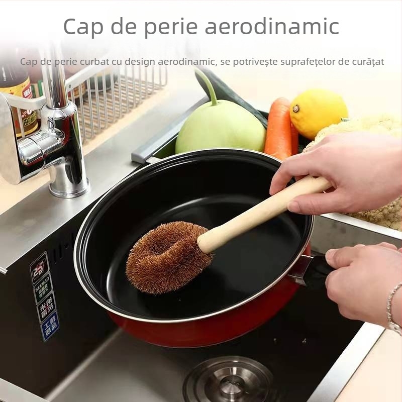 Perie de bucătărie din lemn de cocos natural, cu mâner din lemn, ulei antiaderent, perie de bucătărie din lemn pentru ghiveci, perie pentru ghiveci, perie pentru ghiveci cu mâner lung