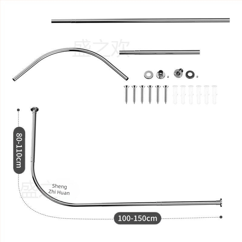 Tijă de perdea de duș cu tijă telescopică curbată, tijă perforată în formă de L, tijă de baie, tijă telescopică în formă de L fără perforații, îngroșare din oțel inoxidabil