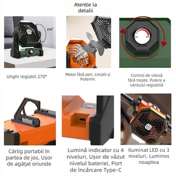 Ventilator reîncărcabil în stil camping în aer liber, pescuit, cort mic în stil camping, dormitor, refrigerare, încărcare USB, baterie cu durată lungă de viață