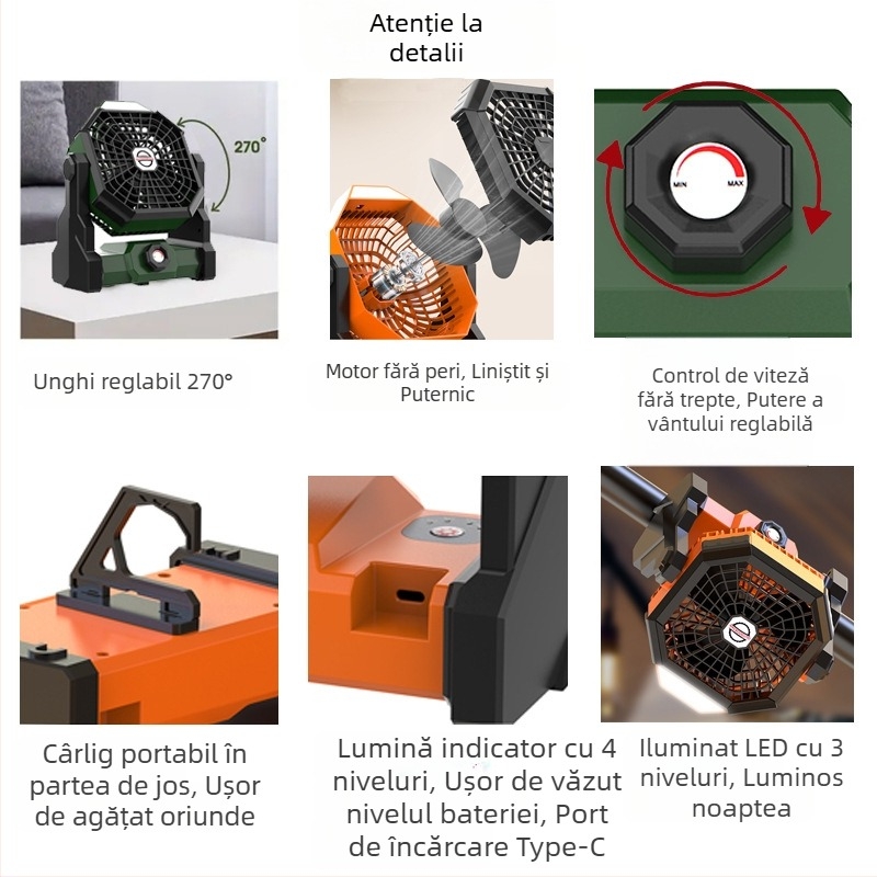 Ventilator reîncărcabil în stil camping în aer liber, pescuit, cort mic în stil camping, dormitor, refrigerare, încărcare USB, baterie cu durată lungă de viață