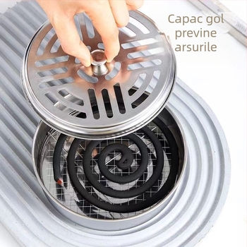 Placă de tămâie din oțel inoxidabil pentru țânțari, cu capac, anti-opărire, ignifug, repelent pentru țânțari, creativă, cu bobină de cenușă, arzătoare de tămâie, cutie de tămâie pentru țânțari îngroșată cu capac de uz casnic