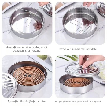 Placă de tămâie din oțel inoxidabil pentru țânțari, cu capac, anti-opărire, ignifug, repelent pentru țânțari, creativă, cu bobină de cenușă, arzătoare de tămâie, cutie de tămâie pentru țânțari îngroșată cu capac de uz casnic