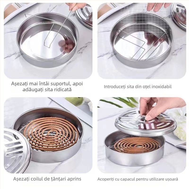 Placă de tămâie din oțel inoxidabil pentru țânțari, cu capac, anti-opărire, ignifug, repelent pentru țânțari, creativă, cu bobină de cenușă, arzătoare de tămâie, cutie de tămâie pentru țânțari îngroșată cu capac de uz casnic