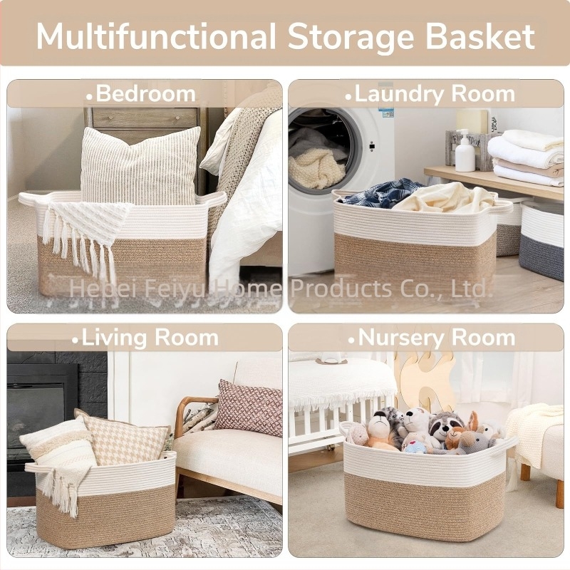 Coș de depozitare pliabil din frânghie de bumbac de dimensiuni mari, cu mâner, producătorii de surse, lasă mânerul păturii, coș de depozitare pliabil din frânghie de bumbac, asortat cu culorile