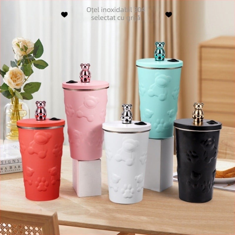 Noua ceașcă de cafea cu urs electrolizat, sigilată cu paie, ceașcă de vid din oțel inoxidabil 304, capacitate mare, portabilă pentru mașini, cupluri