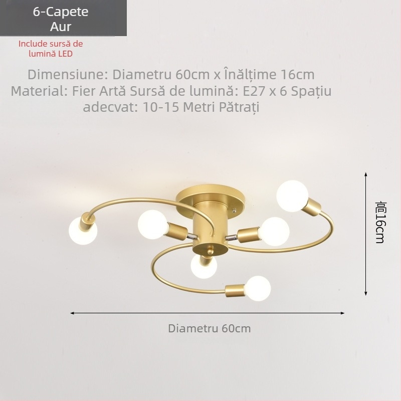 Lampă de tavan cu bec LED auriu neagră și creativă, nordică minimalistă transfrontalieră pentru living, dormitor, sufragerie, personalizată