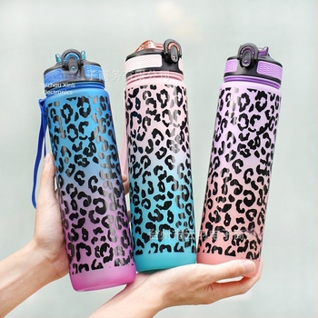 Cană de apă din plastic sport cu imprimeu leopard gradient, cu ventuză, în stoc, model cruce, cană de apă sport cu imprimeu leopard