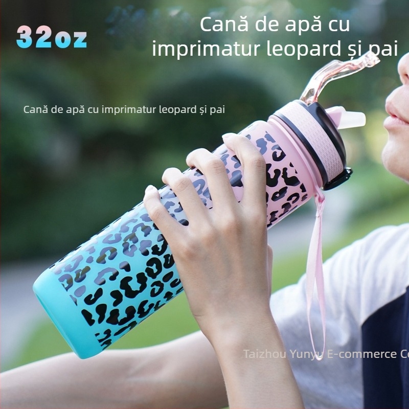 Cană de apă din plastic sport cu imprimeu leopard gradient, cu ventuză, în stoc, model cruce, cană de apă sport cu imprimeu leopard