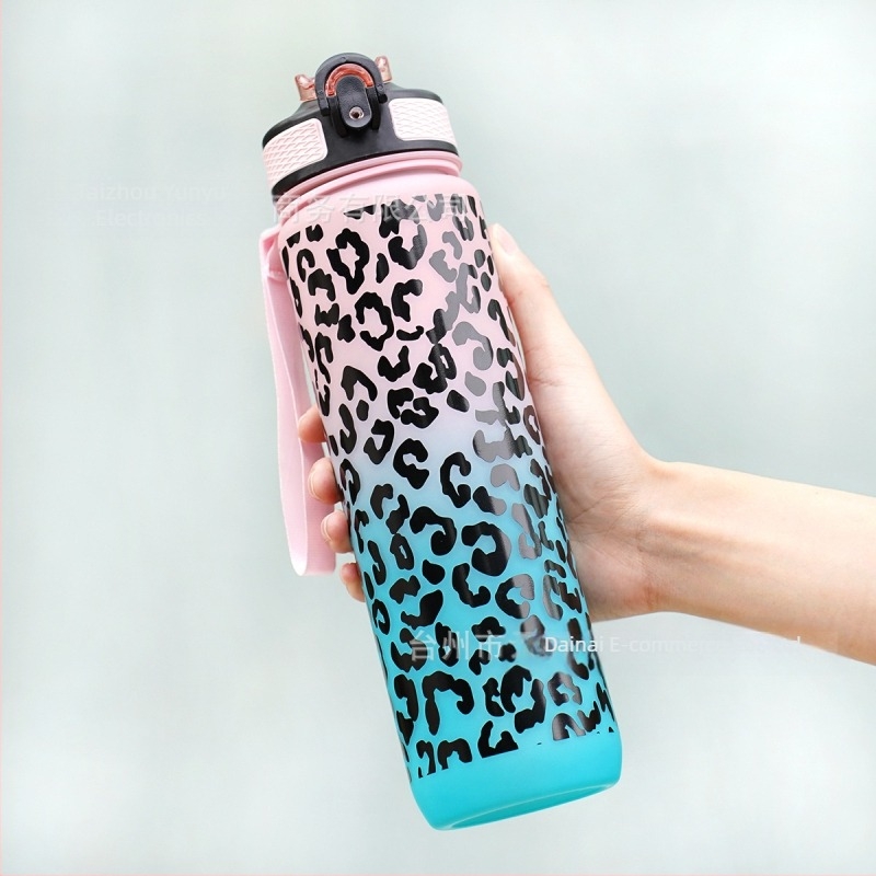Cană de apă din plastic sport cu imprimeu leopard gradient, cu ventuză, în stoc, model cruce, cană de apă sport cu imprimeu leopard