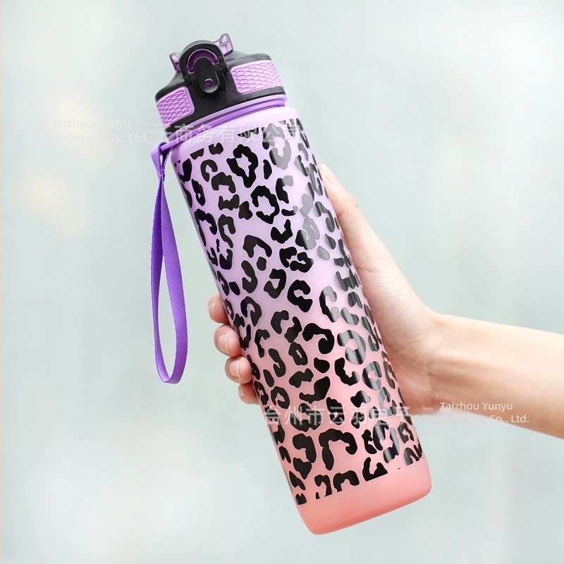Cană de apă din plastic sport cu imprimeu leopard gradient, cu ventuză, în stoc, model cruce, cană de apă sport cu imprimeu leopard