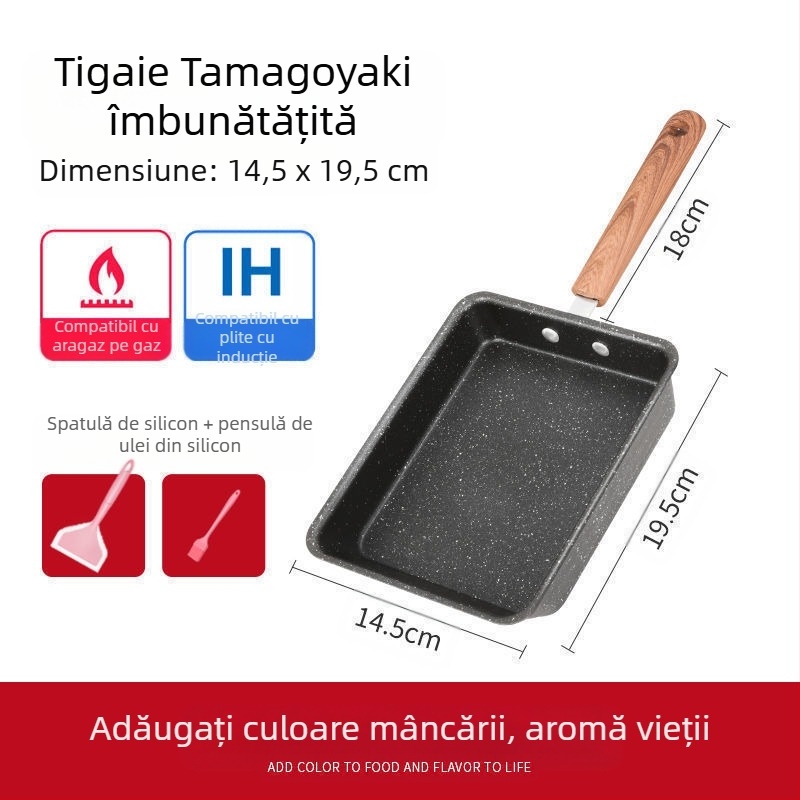 Tigaie mică antiaderentă pătrată Yuzi în stil japonez, cu ou gros, Maifanite, prăjit, ou prăjit, tigaie plată pentru micul dejun, de uz casnic