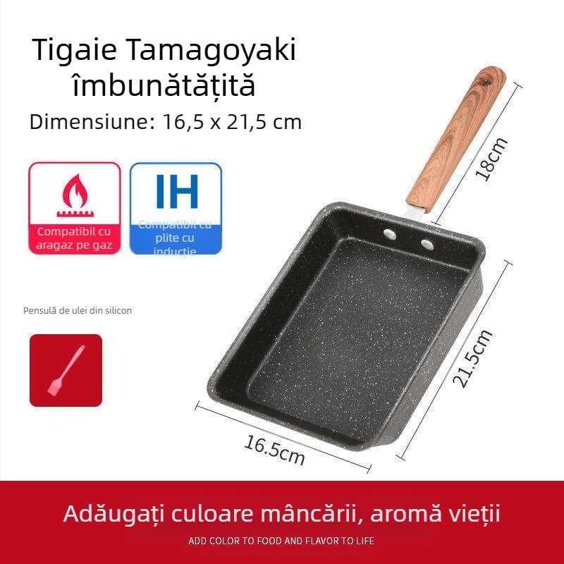 Tigaie mică antiaderentă pătrată Yuzi în stil japonez, cu ou gros, Maifanite, prăjit, ou prăjit, tigaie plată pentru micul dejun, de uz casnic