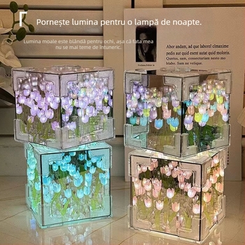 Cub Rubik creativ, lalea, lumină de noapte, lucrat manual, floare, atmosferă marină, oglindă acrilică, ornamente stereo, cadouri