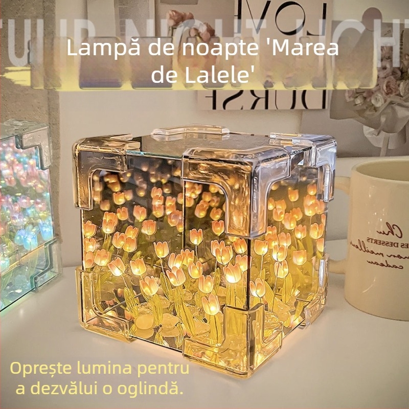 Cub Rubik creativ, lalea, lumină de noapte, lucrat manual, floare, atmosferă marină, oglindă acrilică, ornamente stereo, cadouri