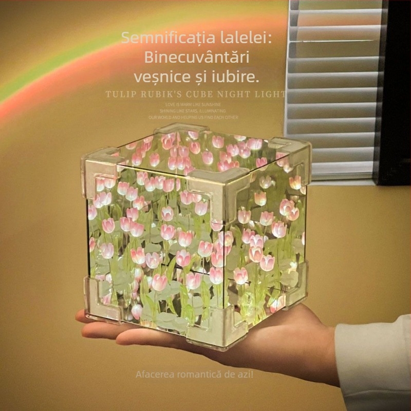Cub Rubik creativ, lalea, lumină de noapte, lucrat manual, floare, atmosferă marină, oglindă acrilică, ornamente stereo, cadouri