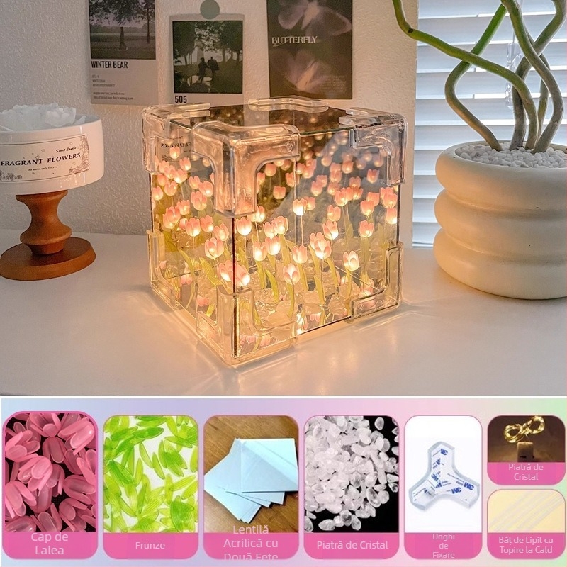 Cub Rubik creativ, lalea, lumină de noapte, lucrat manual, floare, atmosferă marină, oglindă acrilică, ornamente stereo, cadouri