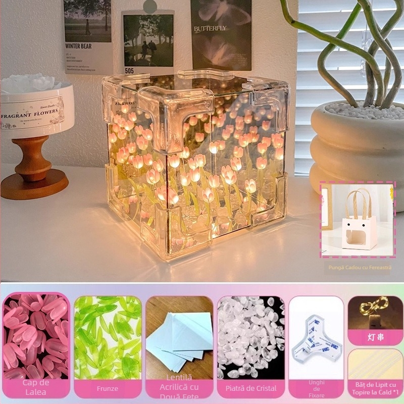 Cub Rubik creativ, lalea, lumină de noapte, lucrat manual, floare, atmosferă marină, oglindă acrilică, ornamente stereo, cadouri