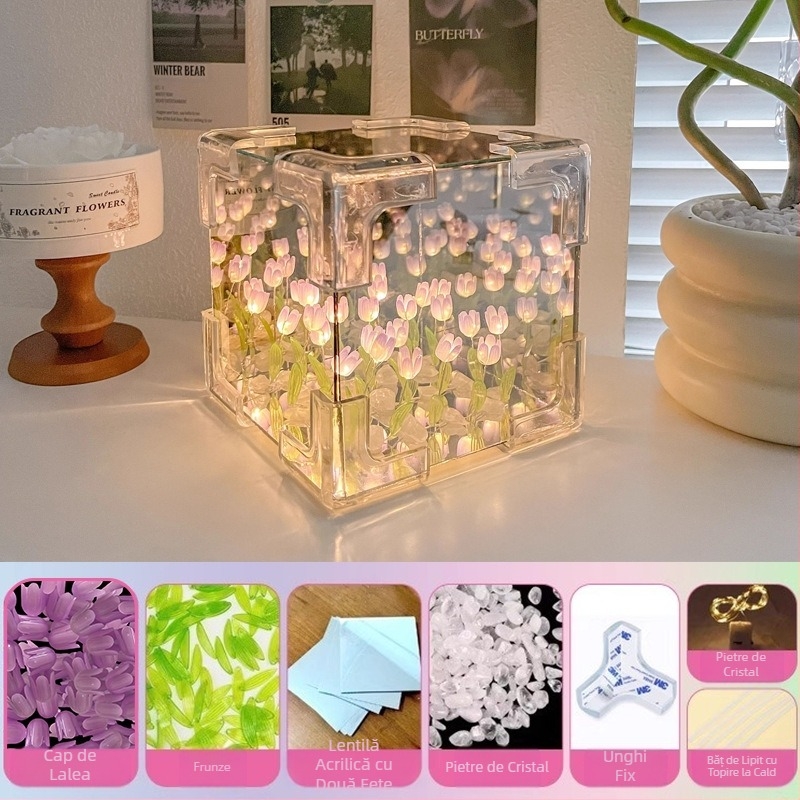 Cub Rubik creativ, lalea, lumină de noapte, lucrat manual, floare, atmosferă marină, oglindă acrilică, ornamente stereo, cadouri
