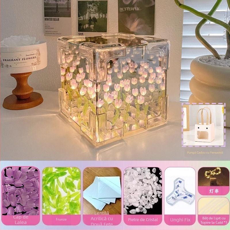 Cub Rubik creativ, lalea, lumină de noapte, lucrat manual, floare, atmosferă marină, oglindă acrilică, ornamente stereo, cadouri