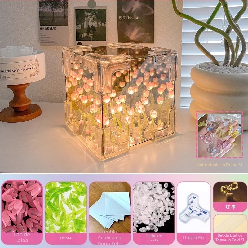 Cub Rubik creativ, lalea, lumină de noapte, lucrat manual, floare, atmosferă marină, oglindă acrilică, ornamente stereo, cadouri